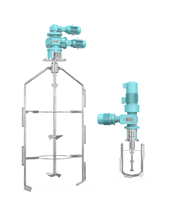 Counter-rotating anchor agitator for coaxial mixing processes.
